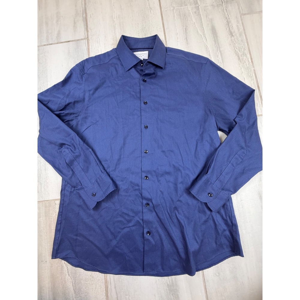 Charles Tyrwhitt Slim Fit Non-Iron Navy Blue Textured Dress Shirt 17/34 Mens‎